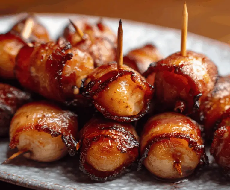 Crispy bacon-wrapped water chestnuts appetizer served on a white plate.