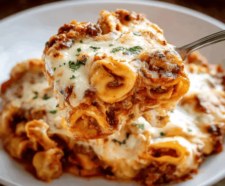 Delicious baked tortellini lasagna served in a ceramic dish showcasing layers of pasta and cheesy goodness.
