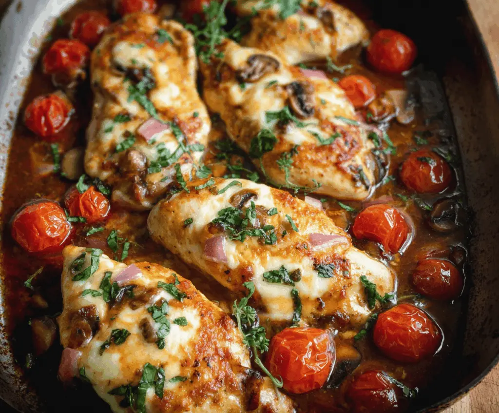 Juicy balsamic glazed chicken breast topped with melted mozzarella cheese on a beautiful plate.