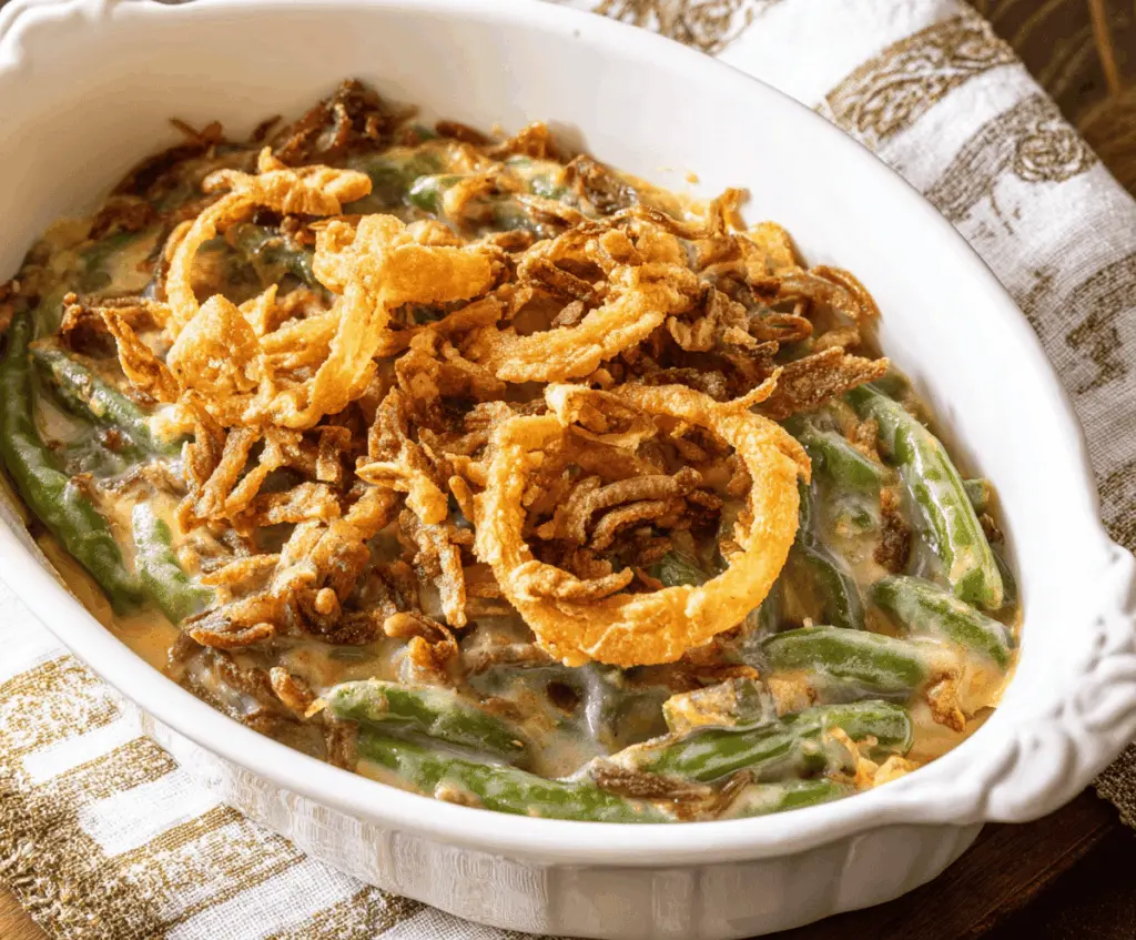Delicious Barefoot Contessa Green Bean Casserole served on a festive table, featuring fresh green beans and crispy fried onions.