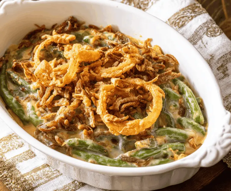 Delicious Barefoot Contessa Green Bean Casserole served on a festive table, featuring fresh green beans and crispy fried onions.
