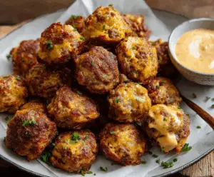 Golden crispy Bisquick sausage balls on a plate, perfect for appetizers and snacks