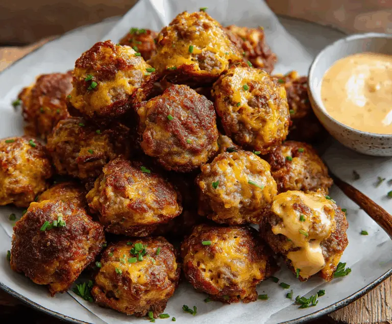 Golden crispy Bisquick sausage balls on a plate, perfect for appetizers and snacks
