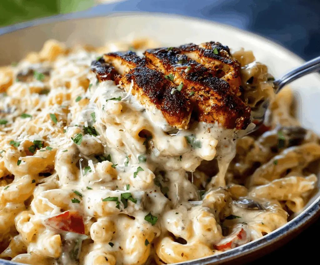 Creamy Cajun Chicken Alfredo featuring blackened spicy chicken served over pasta.