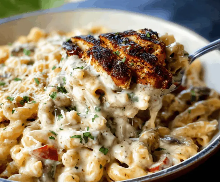 Creamy Cajun Chicken Alfredo featuring blackened spicy chicken served over pasta.