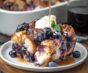 Delicious Blueberry French Toast Casserole topped with fresh blueberries and powdered sugar