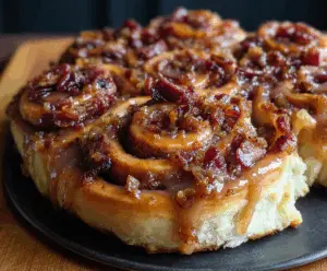 Delicious Bourbon Maple Bacon Cinnamon Rolls topped with icing and crispy bacon bits.