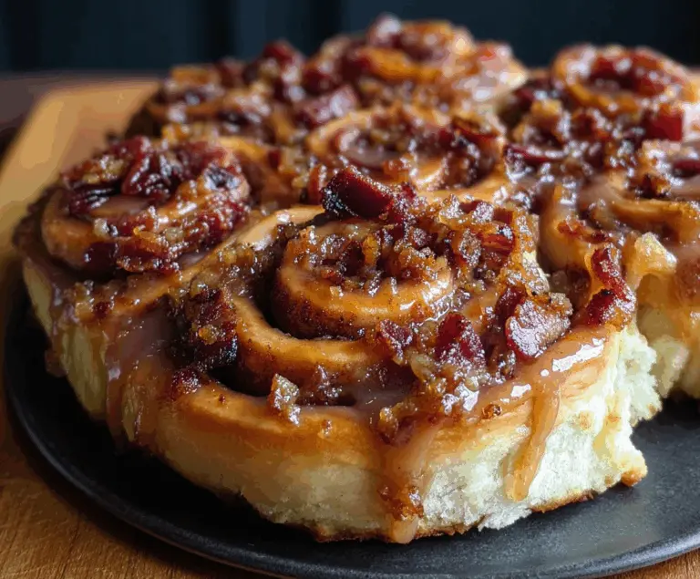 Delicious Bourbon Maple Bacon Cinnamon Rolls topped with icing and crispy bacon bits.