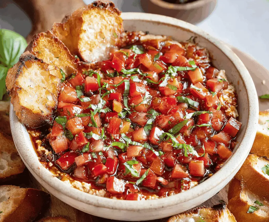 Creamy Bruschetta Dip with fresh tomatoes, basil, and garlic served with crunchy bread slices.