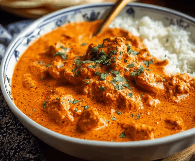 Delicious creamy butter chicken served with naan and rice on a plate.