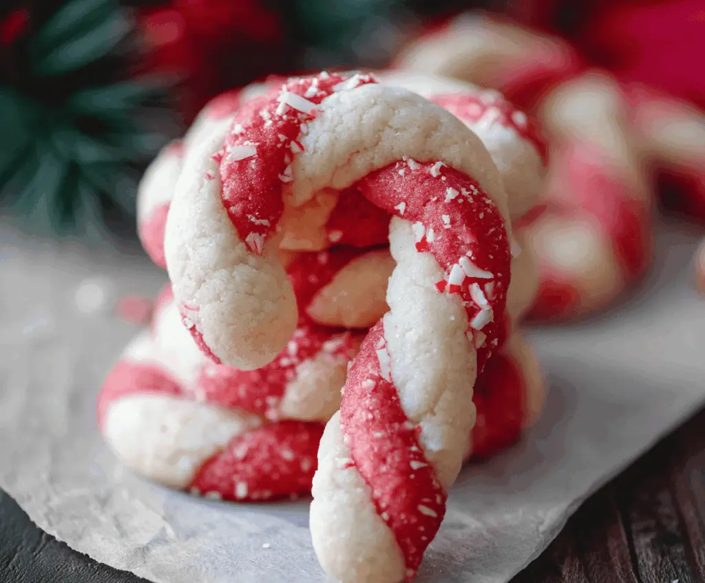 Decorative candy cane cookies on a festive platter for holiday baking.
