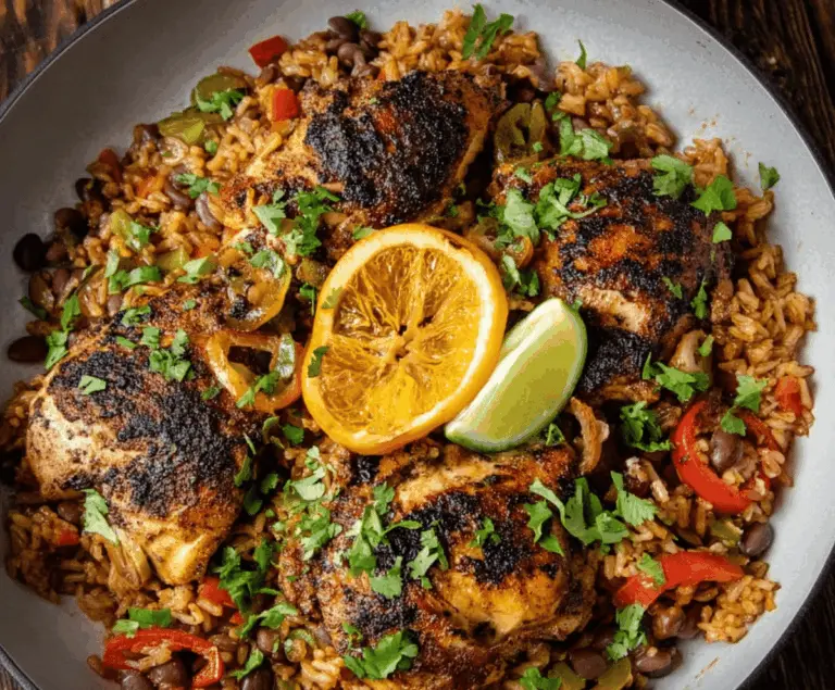 Delicious Caribbean chicken and rice dish garnished with fresh herbs on a colorful plate.