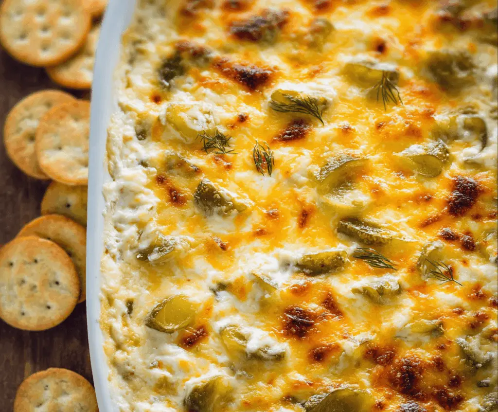 Creamy cheesy baked pickle dip served with fresh vegetables and crackers.