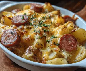 Delicious cheesy ranch potatoes with smoked sausage, perfect for a hearty meal.