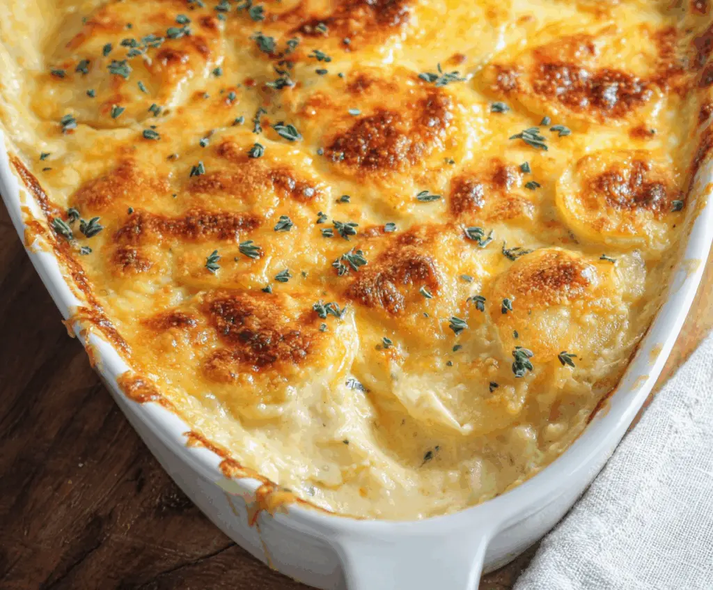 Delicious cheesy scalloped potatoes baked to perfection with golden top and creamy layers.