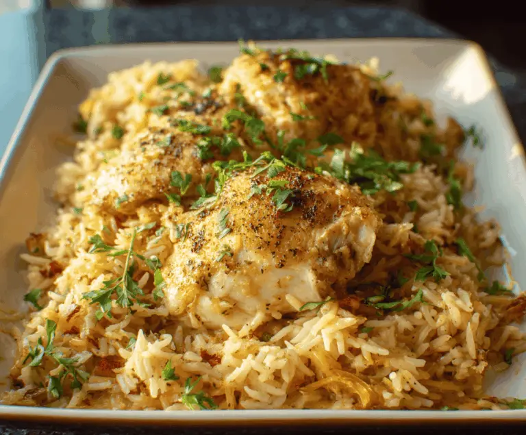 Delicious baked chicken and rice casserole served on a plate.
