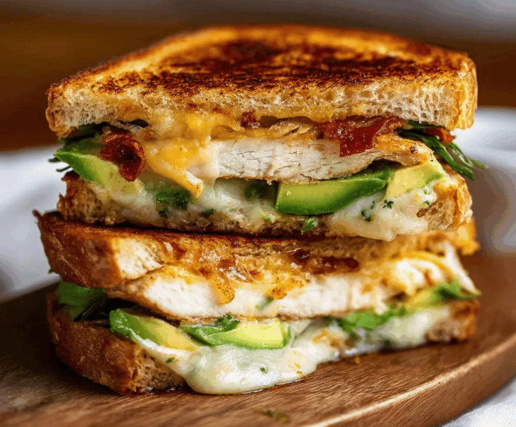 Delicious Chicken Avocado Melt Sandwich with melted cheese and fresh avocado slices.