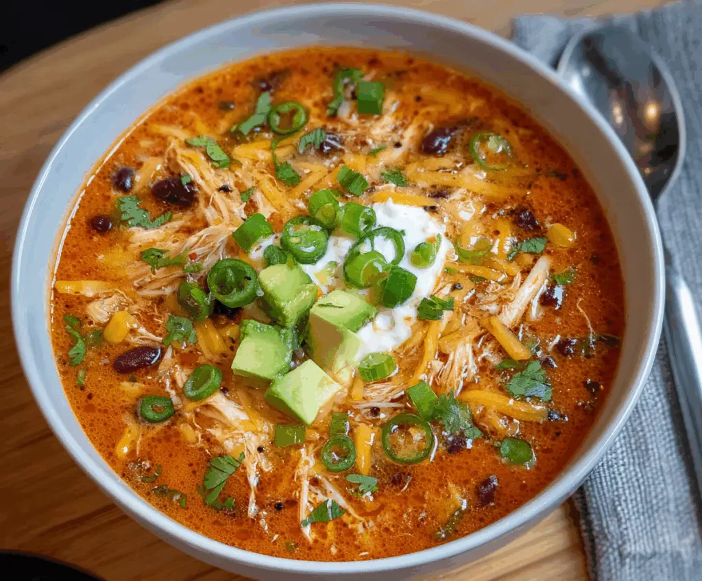 Creamy chicken enchilada soup topped with shredded cheese and fresh cilantro in a bowl.