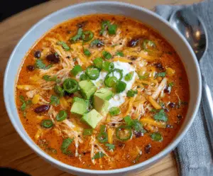 Creamy chicken enchilada soup topped with shredded cheese and fresh cilantro in a bowl.