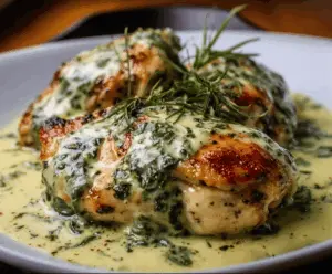 Delicious chicken in a rich basil cream sauce garnished with fresh herbs, perfect for a flavorful dinner.