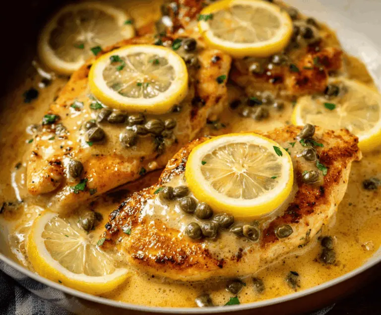 Delicious Chicken Piccata with Lemon Sauce served on a white plate, garnished with fresh herbs.
