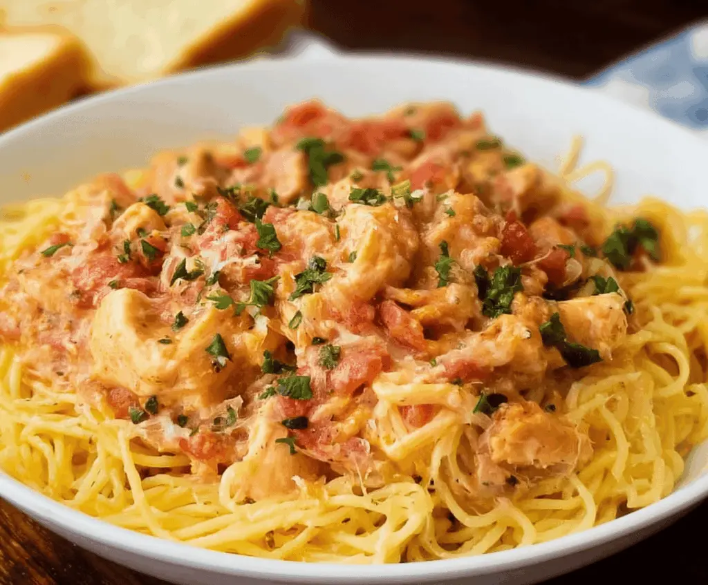 Delicious homemade chicken spaghetti with savory sauce and melted cheese