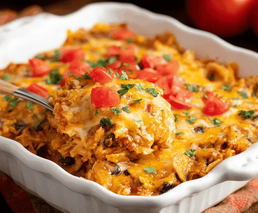 Delicious Chicken Taco Casserole with melted cheese and fresh toppings served in a casserole dish.