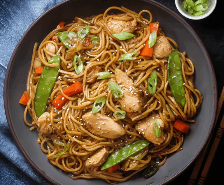 Delicious chicken teriyaki noodles garnished with green onions on a white plate.