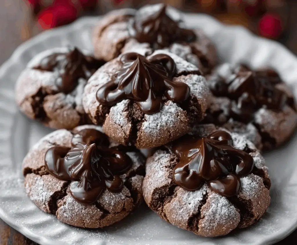 Delicious chocolate blossom cookies with a shiny chocolate center and soft cookie base.