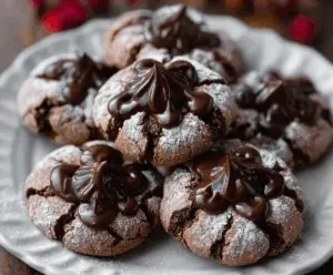 Delicious chocolate blossom cookies with a shiny chocolate center and soft cookie base.