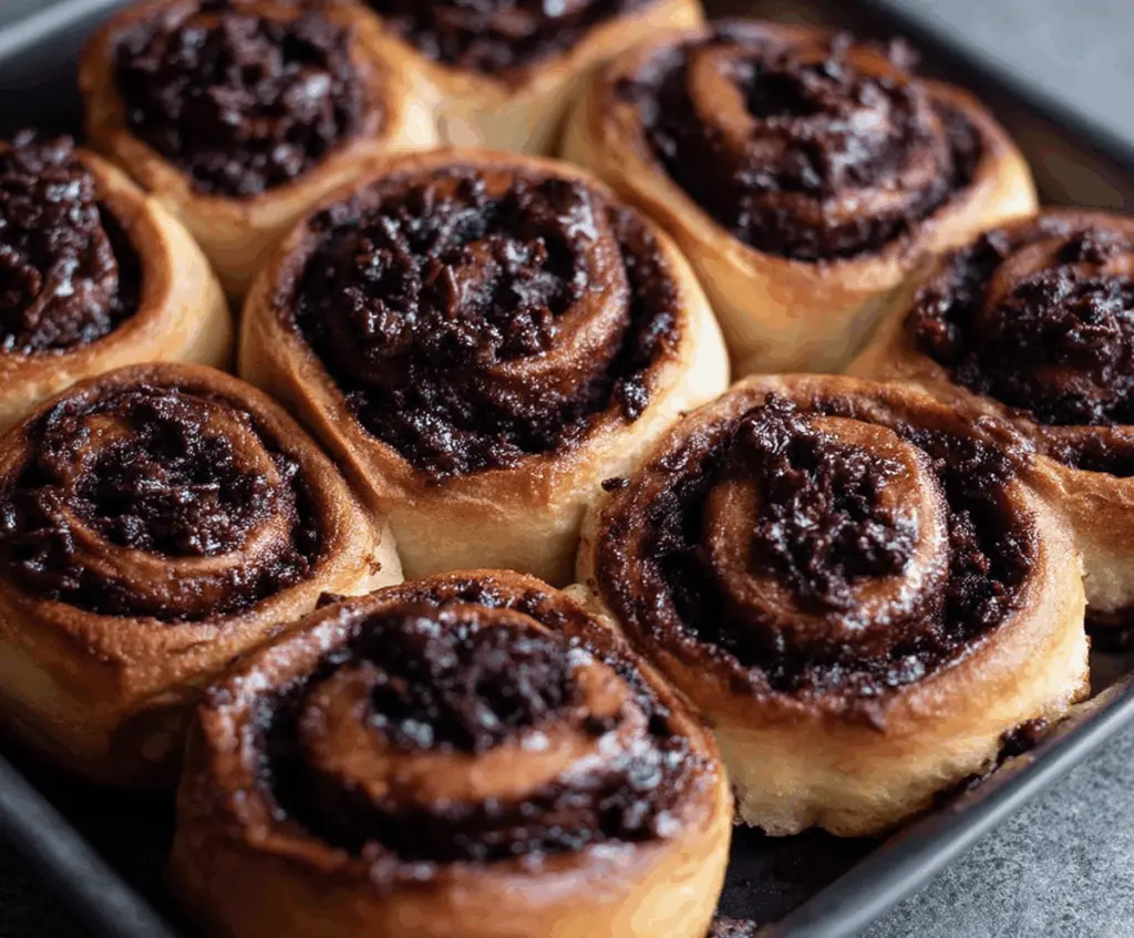 Delicious chocolate cinnamon rolls topped with glaze on a rustic plate, perfect for breakfast or dessert.