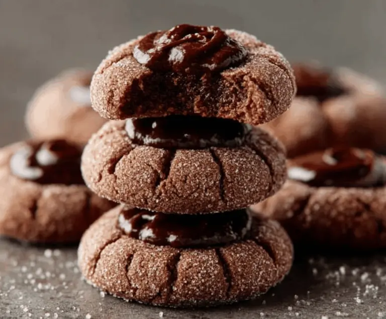 Delicious chocolate thumbprint cookies topped with shiny chocolate glaze on a white plate.