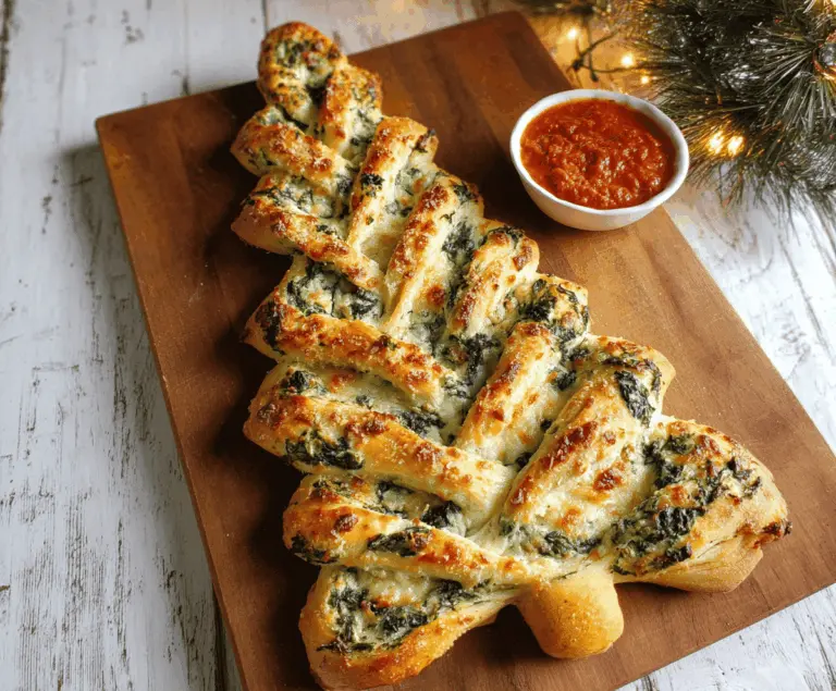 Festive Christmas Tree Spinach Dip Breadsticks garnished with herbs, perfect for holiday party appetizers.