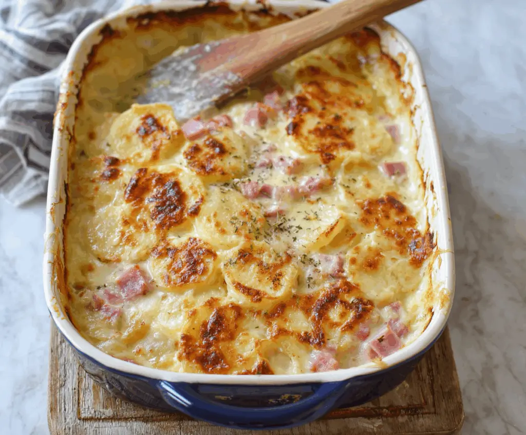 Delicious classic scalloped potatoes with ham served on a plate, perfect for comfort food lovers.