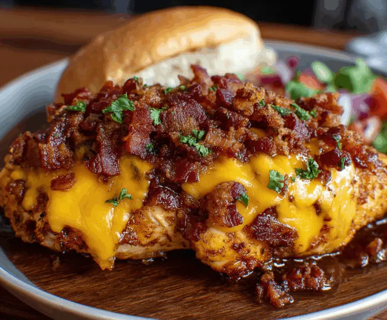 Juicy Cowboy BBQ Bacon Cheddar Chicken served with melted cheese and crispy bacon on top.