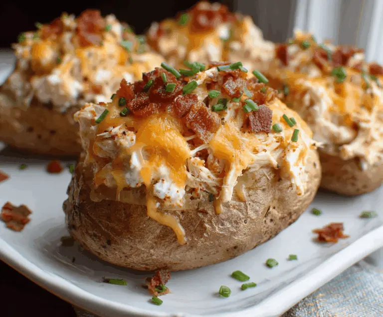 Delicious Crack Chicken Stuffed Potatoes topped with melted cheese and crispy bacon.
