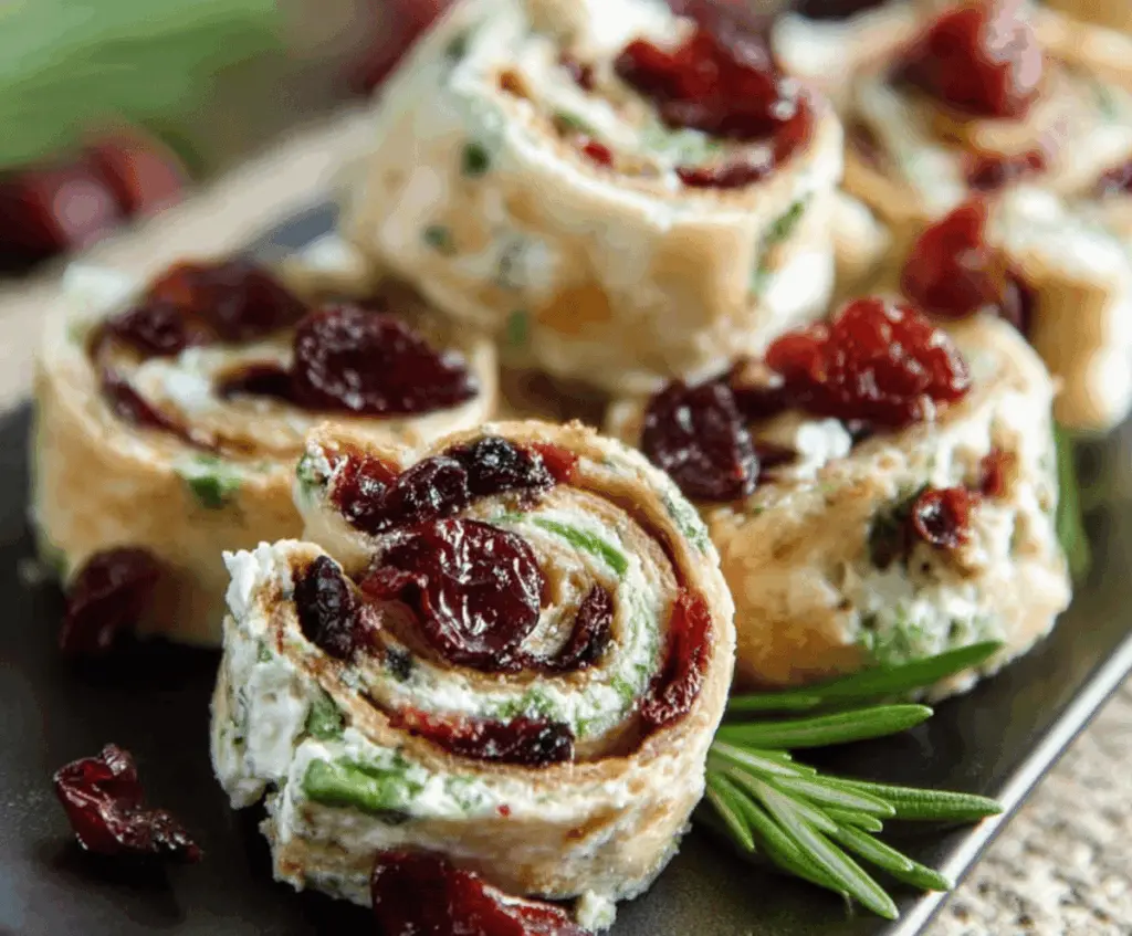 Cranberry Feta Pinwheels on a serving platter with cream cheese filling and fresh cranberries