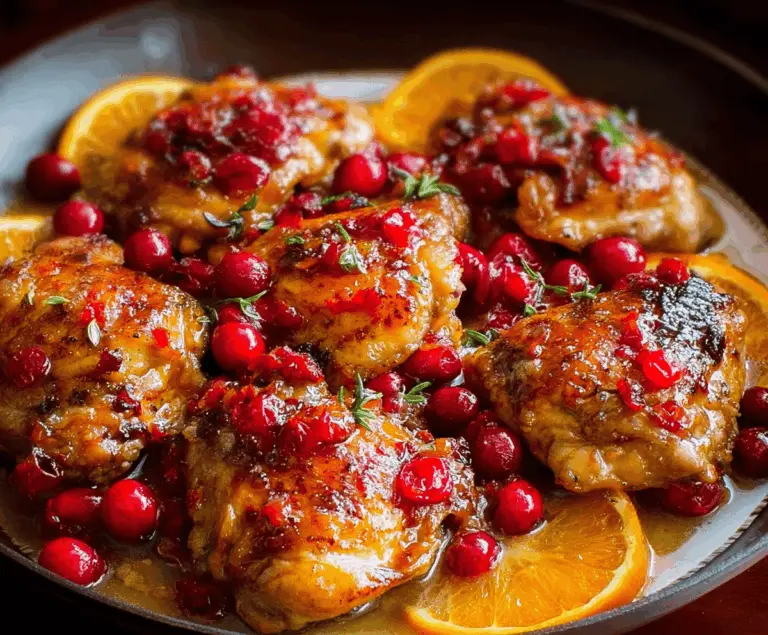 Delicious cranberry orange chicken garnished with fresh herbs on a white plate.