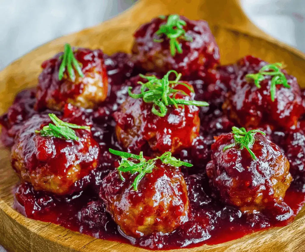 Delicious cranberry sauce glazed meatballs perfect for holiday party appetizers.