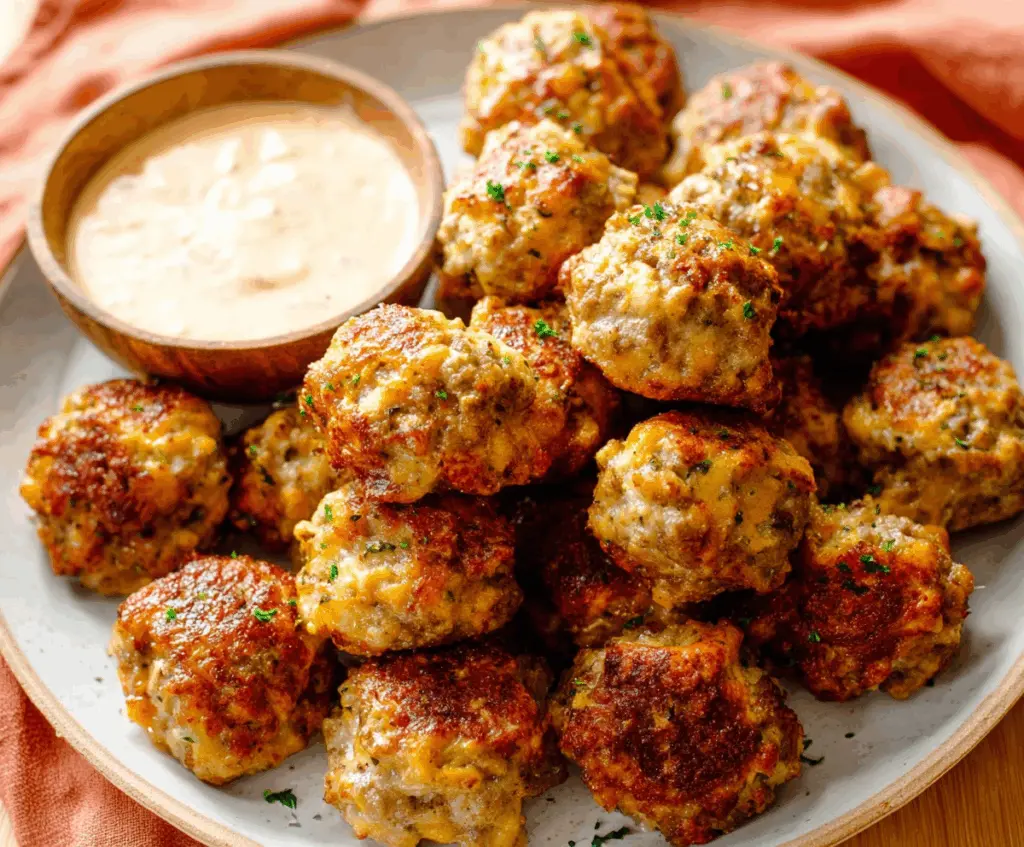 Delicious homemade cream cheese sausage balls on a serving platter, perfect for snacks and parties.
