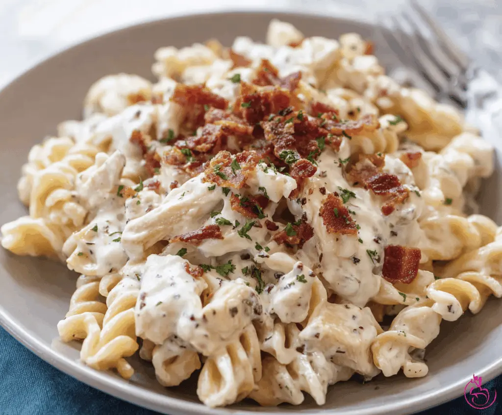 Creamy Chicken Bacon Ranch Pasta served in a bowl with fresh herbs, showcasing a rich and cheesy seafood dish.