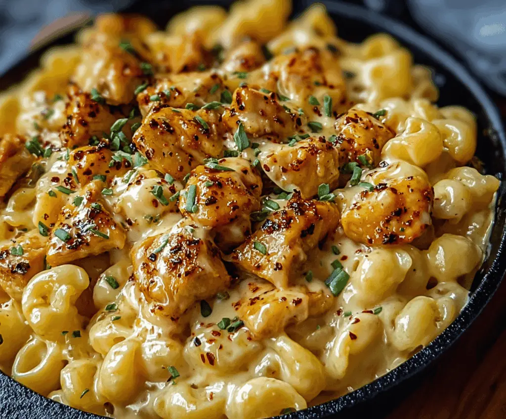 Creamy Honey Pepper Chicken Mac and Cheese served in a white bowl with garnished herbs