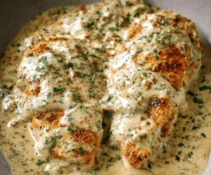 Creamy Ranch Chicken with herbs and tender chicken breasts in a rich sauce.