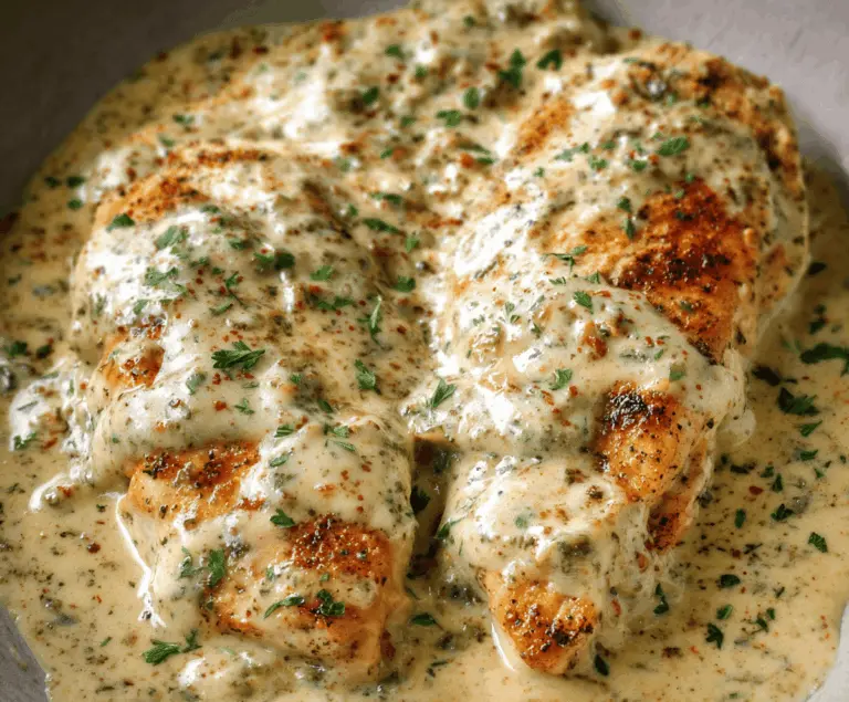 Creamy Ranch Chicken with herbs and tender chicken breasts in a rich sauce.