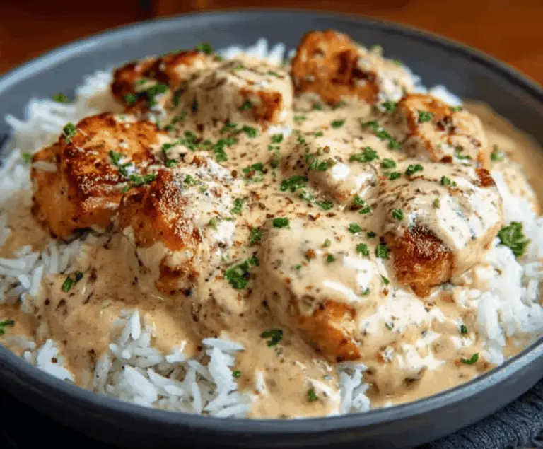 Delicious creamy smothered chicken served over fluffy rice, garnished with herbs.