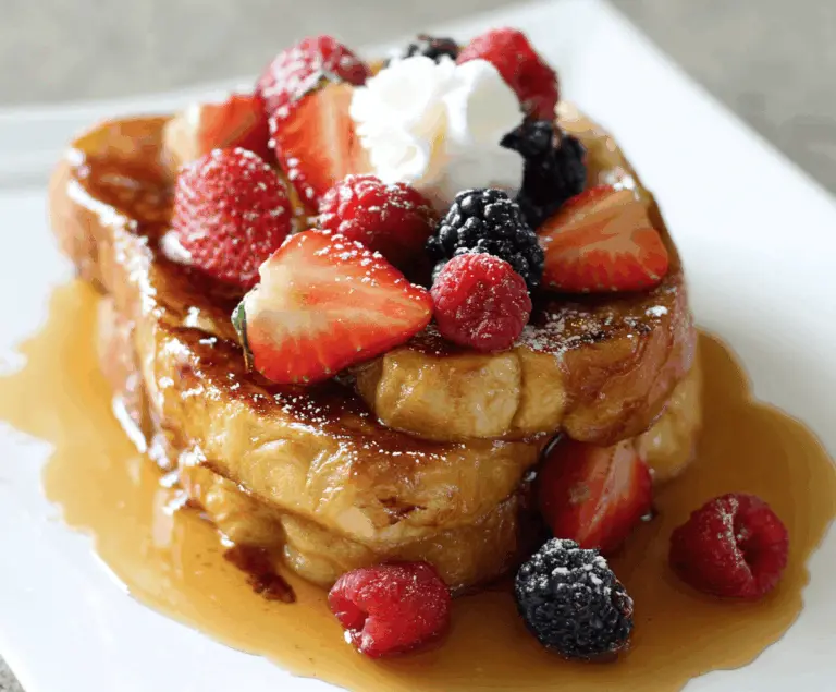 Delicious Crème Brûlée French Toast topped with caramelized sugar and fresh berries.