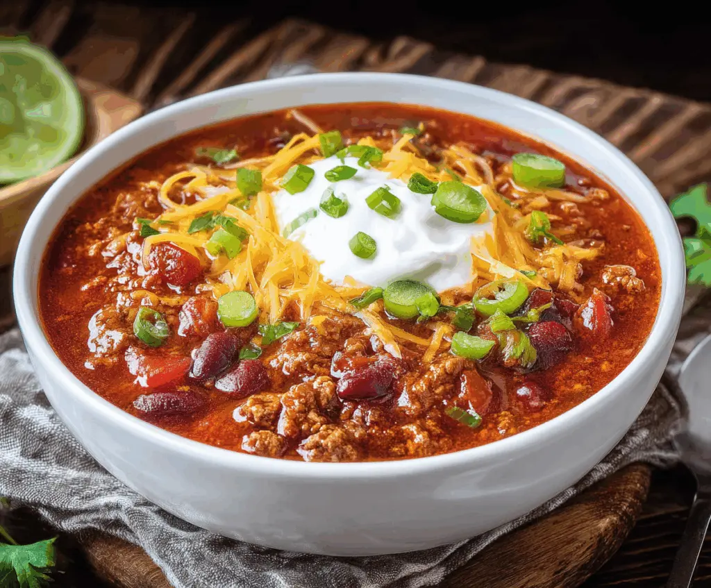 Delicious slow cooker chili with beans, tomatoes, and spices in a crock pot.