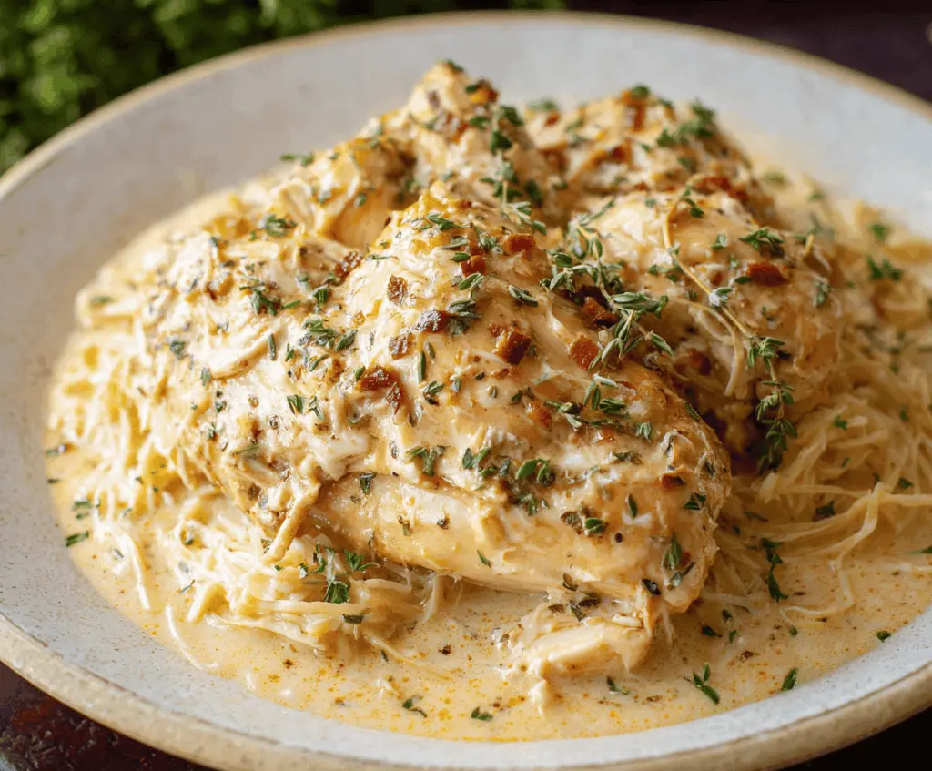 Creamy Crockpot Angel Chicken served with rice, featuring tender shredded chicken in a rich sauce.