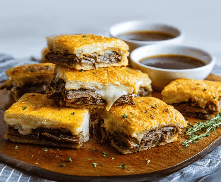 Savory French Dip Squares with melted cheese and tender beef served on a baking tray.