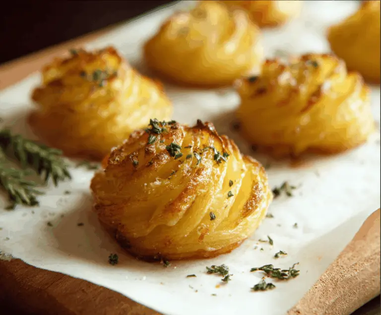 Creamy and fluffy Duchess Potatoes garnished with fresh herbs on a rustic serving plate.